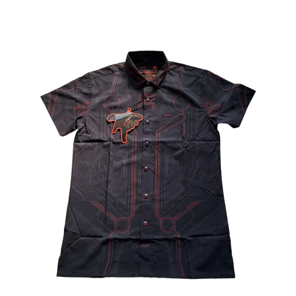 Retro Rifle The Rinzler Button Up Shirt Mens Tron Cyberpunk Black Red Stretch NW